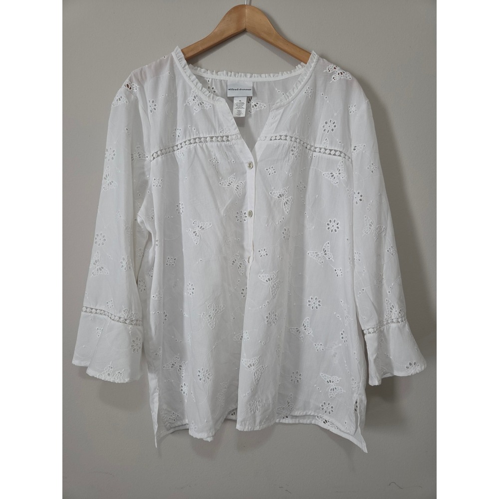Alfred Dunner White Eyelet Butterfly Blouse‎ Cotton Button Front Top XL